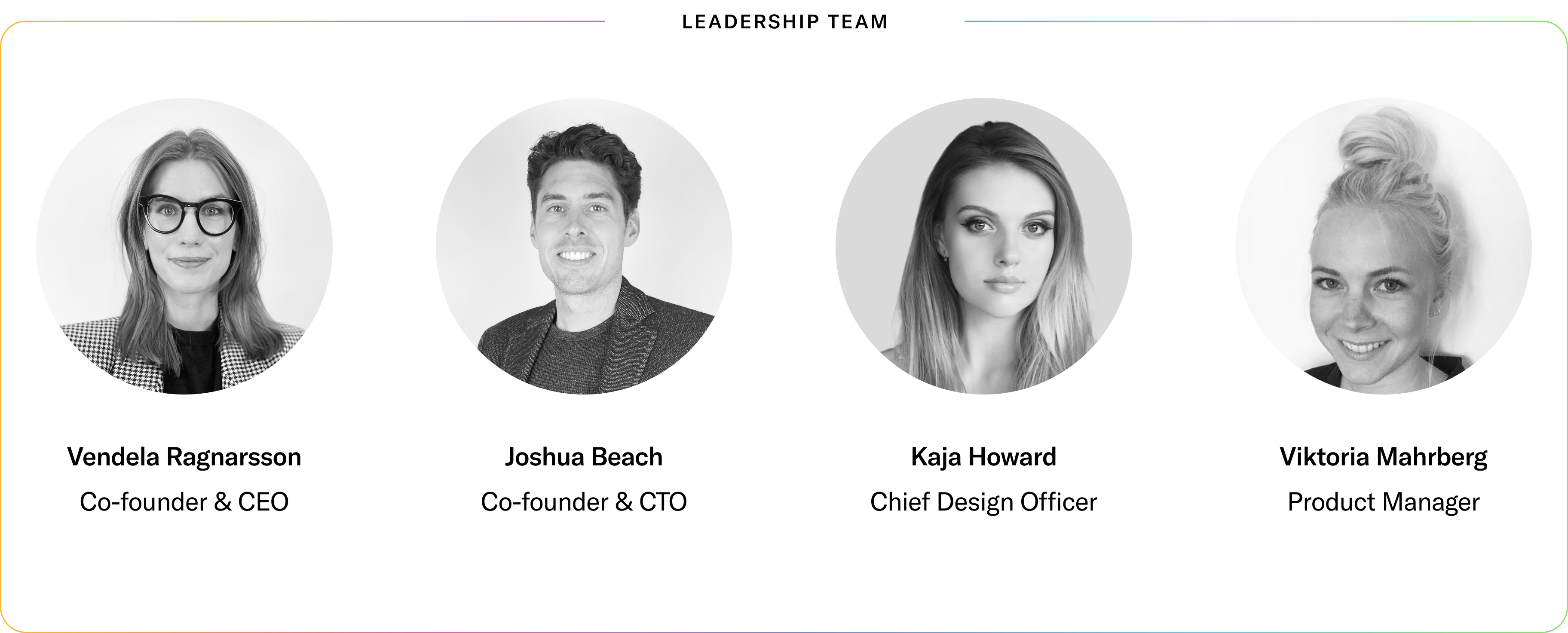 Leadership team portraits: Vendela Ragnarsson, Co-founder & CEO; Joshua Beach, Co-founder & CTO; Kaja Howard, Chief Design Officer; and Viktoria Mahrberg, Product Manager.