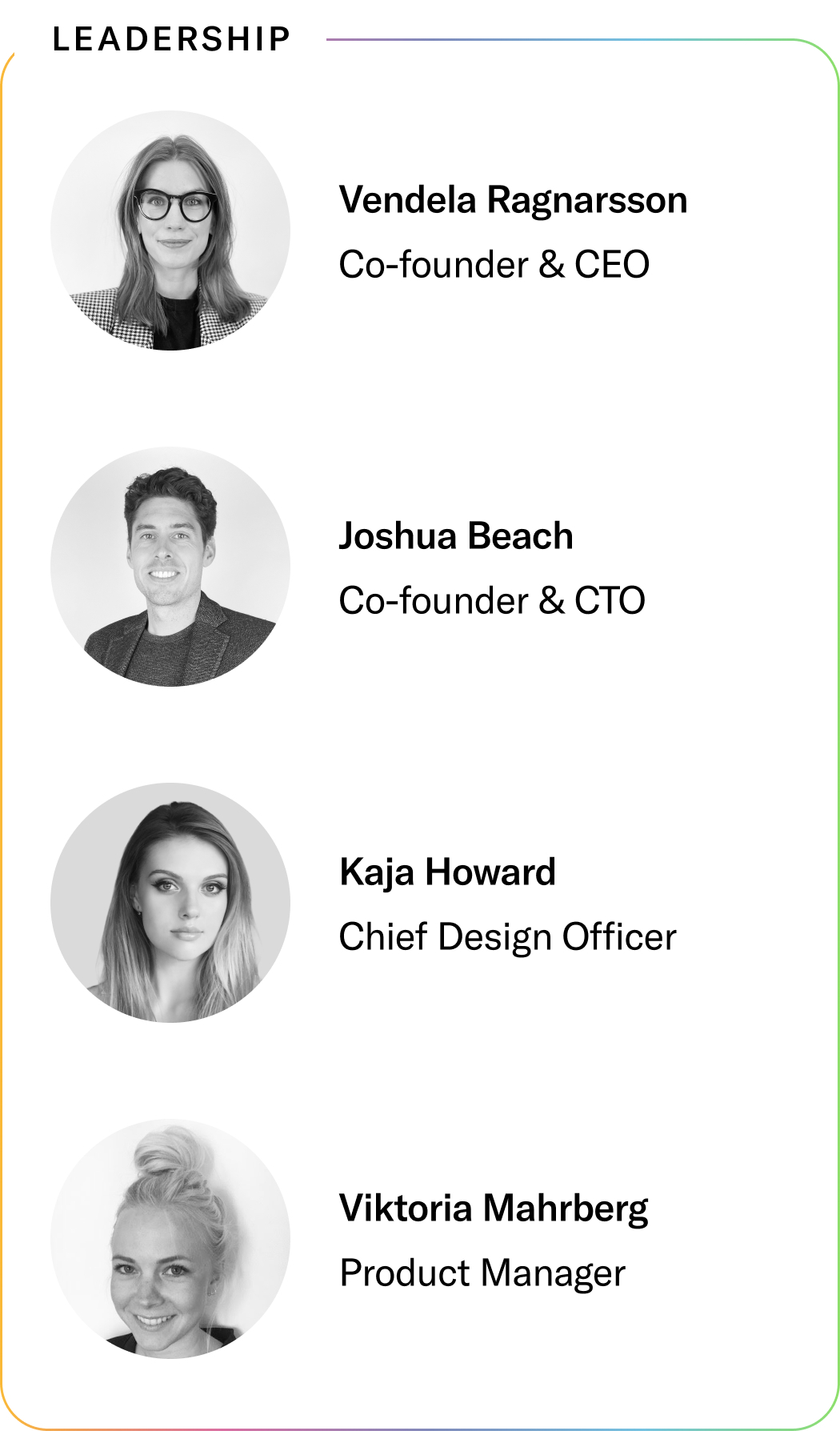 A leadership section showing four team members with their names and titles: Vendela Ragnarsson (Co-founder & CEO), Joshua Beach (Co-founder & CTO), Kaja Howard (Chief Design Officer), and Viktoria Mahrberg (Product Manager), each with a headshot phot