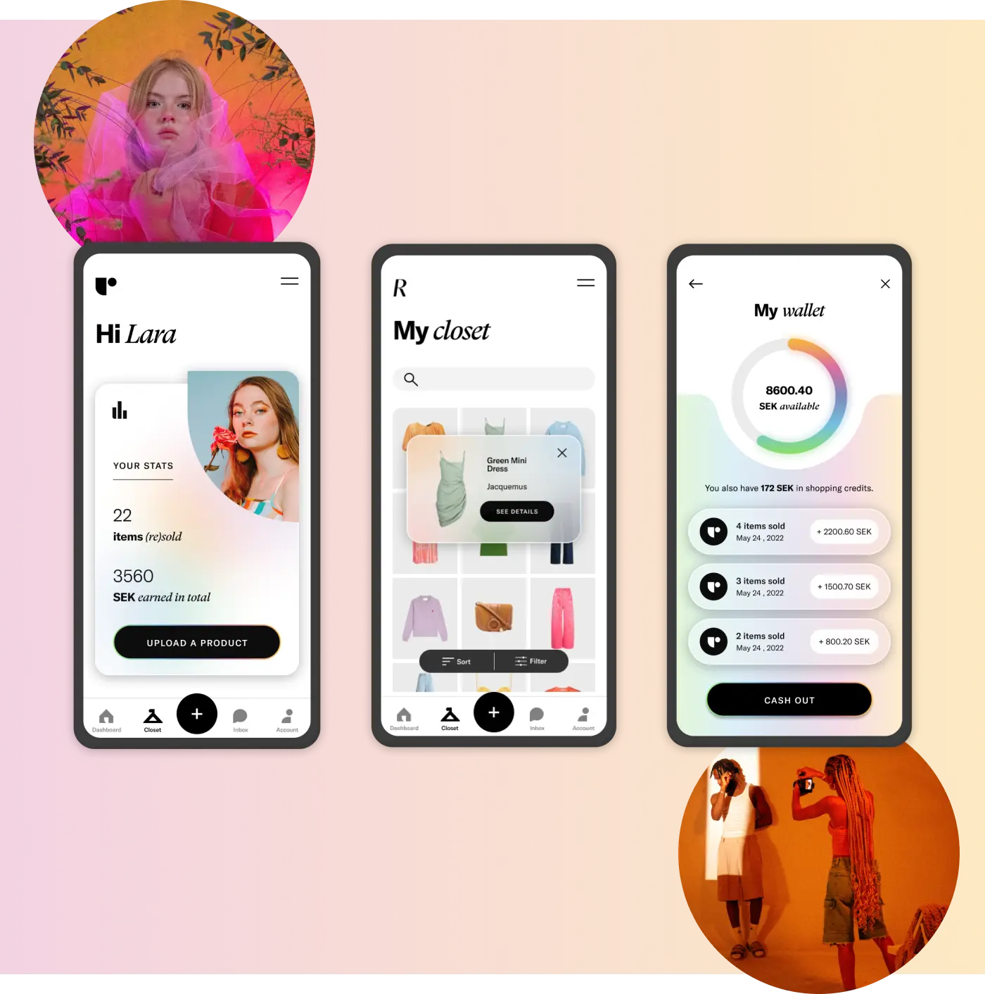 Three smartphone screens showing a secondhand fashion resale app with a user dashboard, closet inventory, and wallet with available balance and sales history.