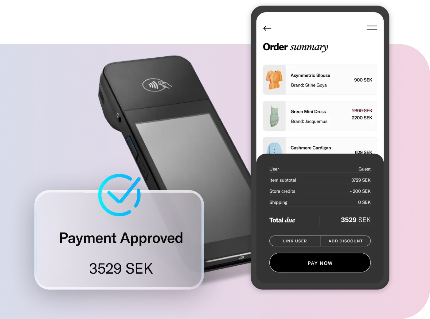 A payment terminal next to a smartphone showing an order summary and a card displaying Payment Approved for 3529 SEK.