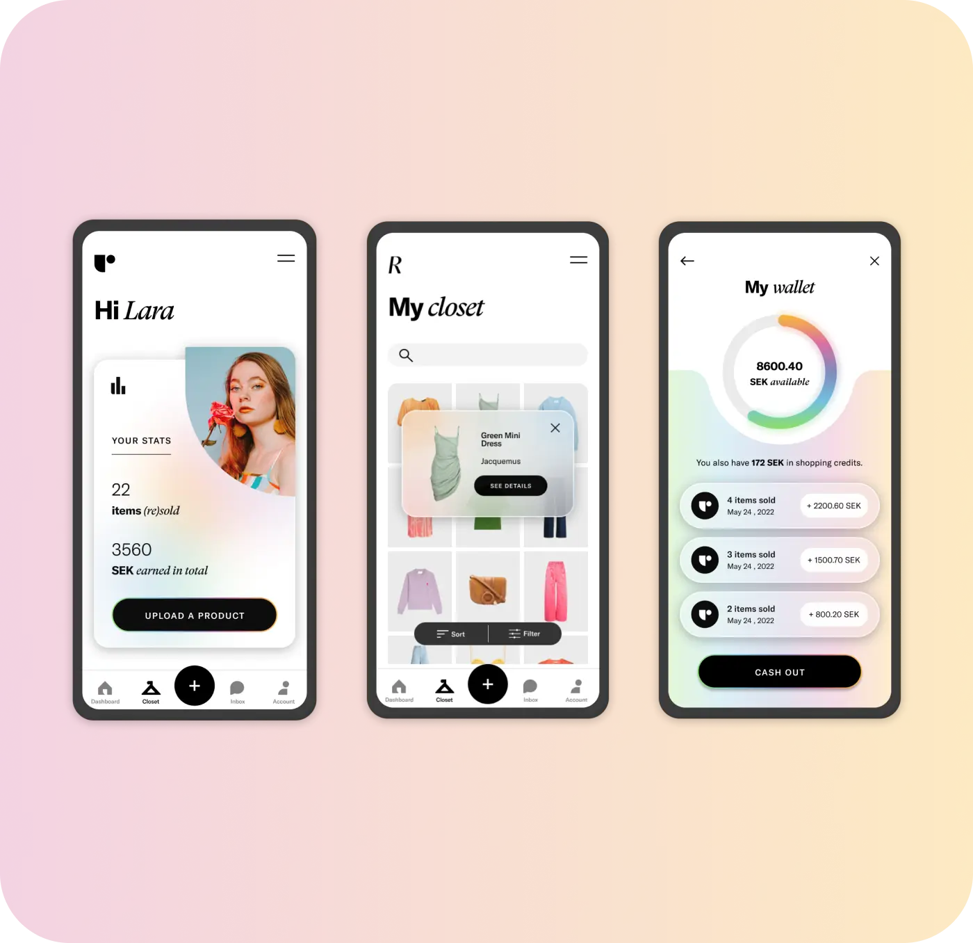 Three smartphone screens showing a fashion resale app with dashboard, closet inventory, and wallet payment features.