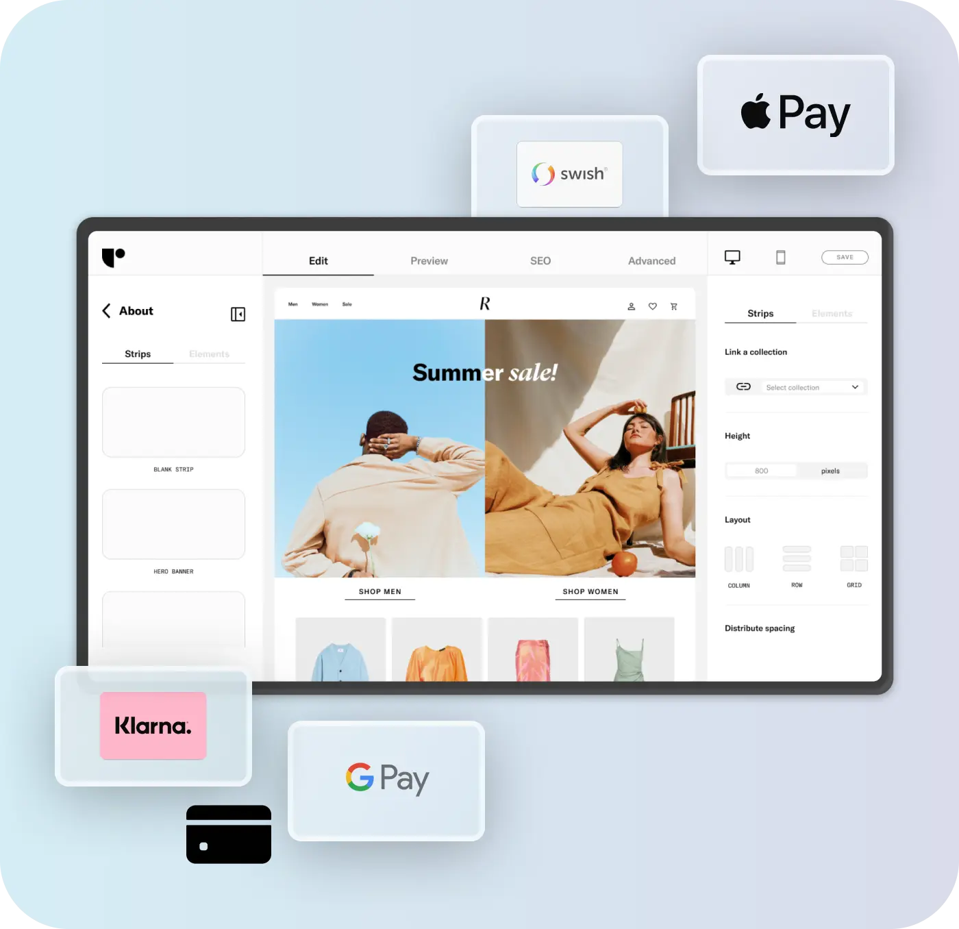 A website builder interface showing a summer sale page with payment method logos including Swish, Apple Pay, Klarna, and Google Pay displayed around the screen.