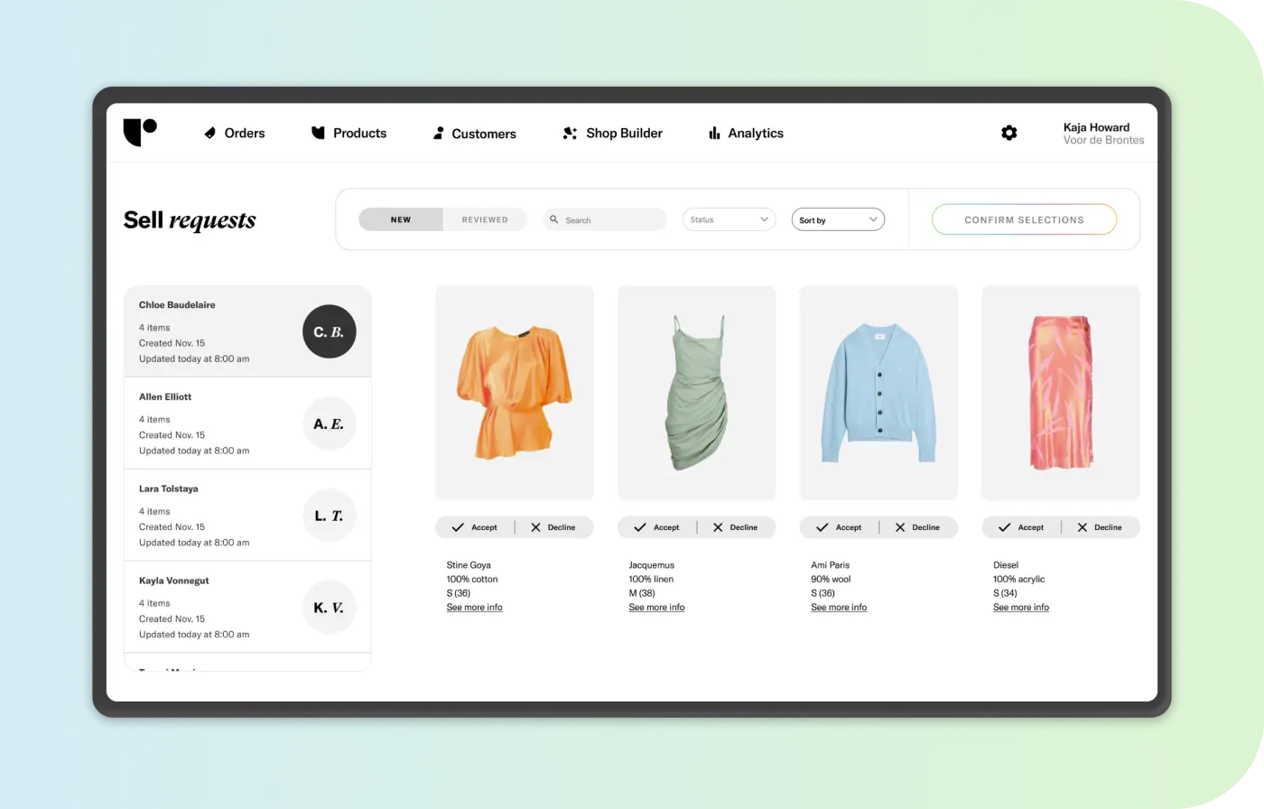 An admin dashboard interface showing a 'Sell requests' page with multiple customer requests for clothing items including shirts, dresses, and cardigans with accept and decline options.