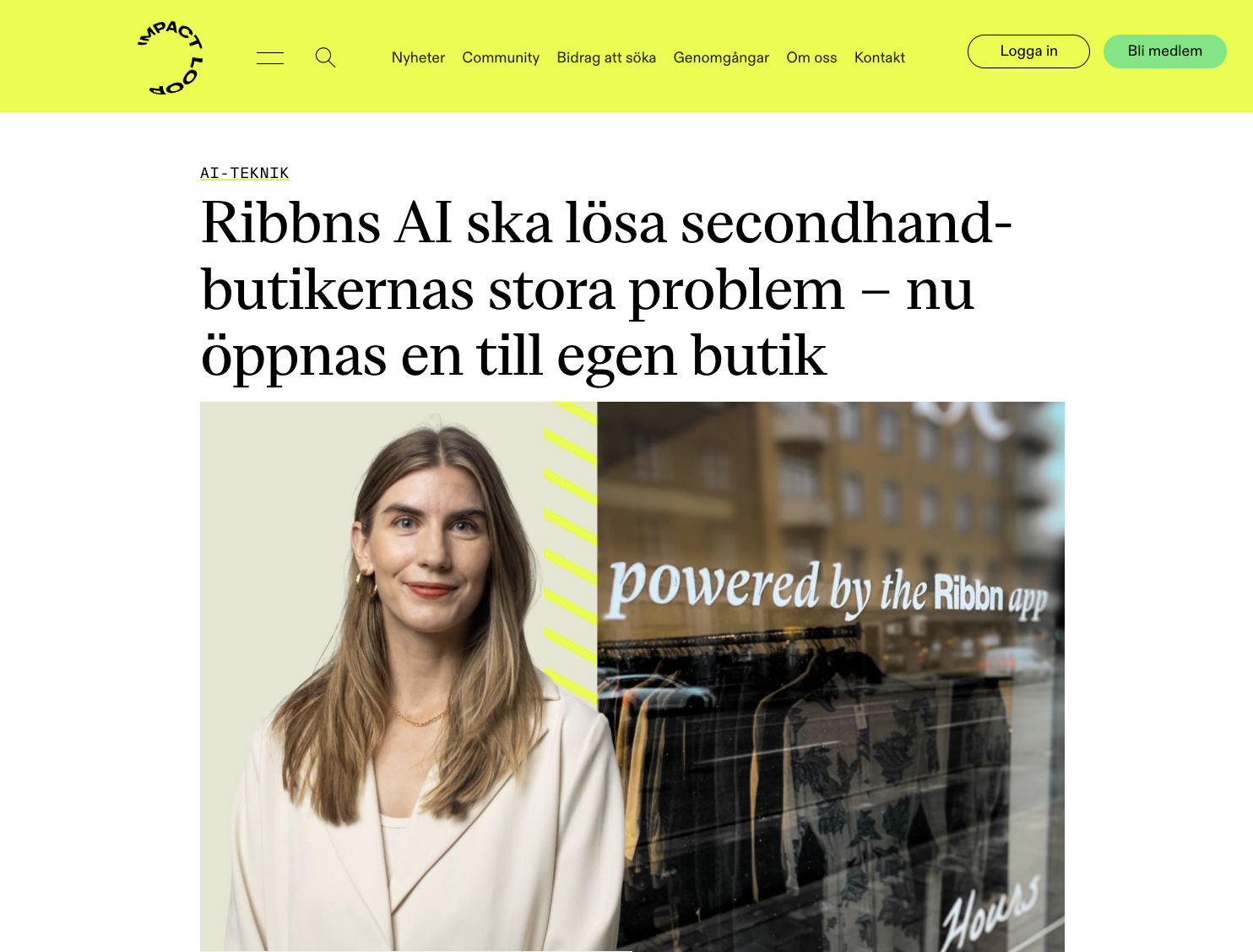 An Impact Loop article headlined "Ribbns AI ska lösa secondhandbutikernas stora problem – nu öppnas en till egen butik", illustrated with a portrait and a shop window reading "powered by the Ribbn app".