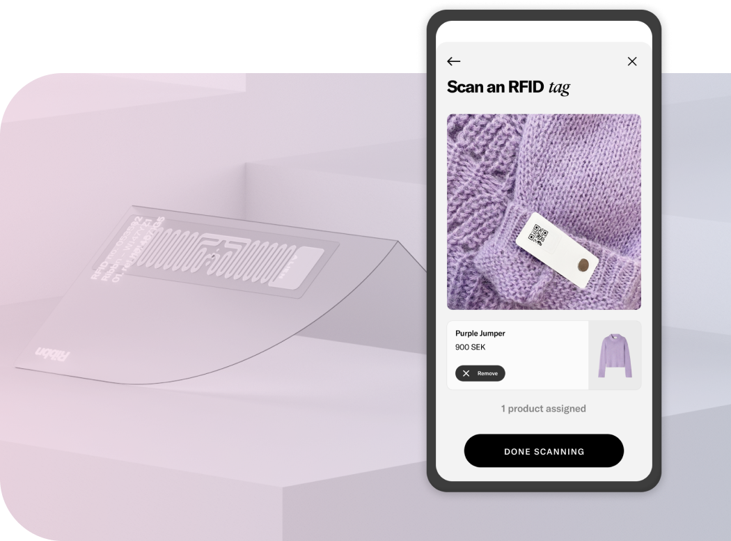 A smartphone screen displaying an RFID scanning interface with a photo of an RFID tag on a purple knit jumper, showing product details and a 'Done Scanning' button.