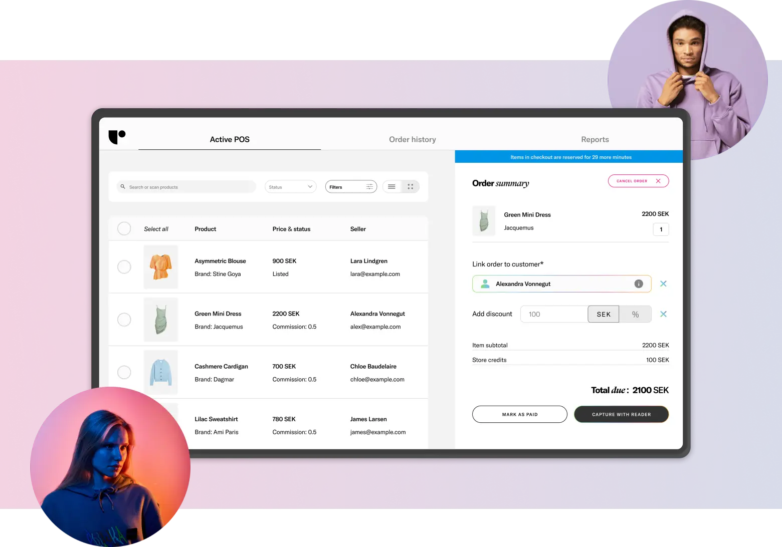 A point-of-sale system interface showing an active POS screen with a product list on the left and an order summary panel on the right, displaying items like a Green Mini Dress, with two people photographed in front of the screen against a pink backgr